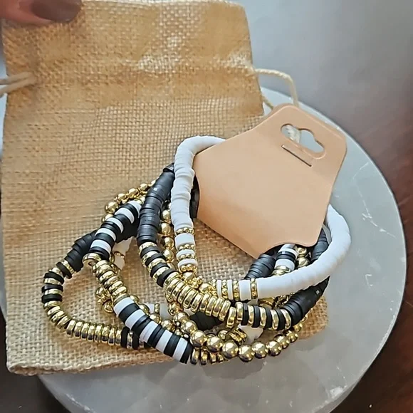 Trendy stackable black, white, & gold elastic bracelets with gift bag - Picture 5 of 6